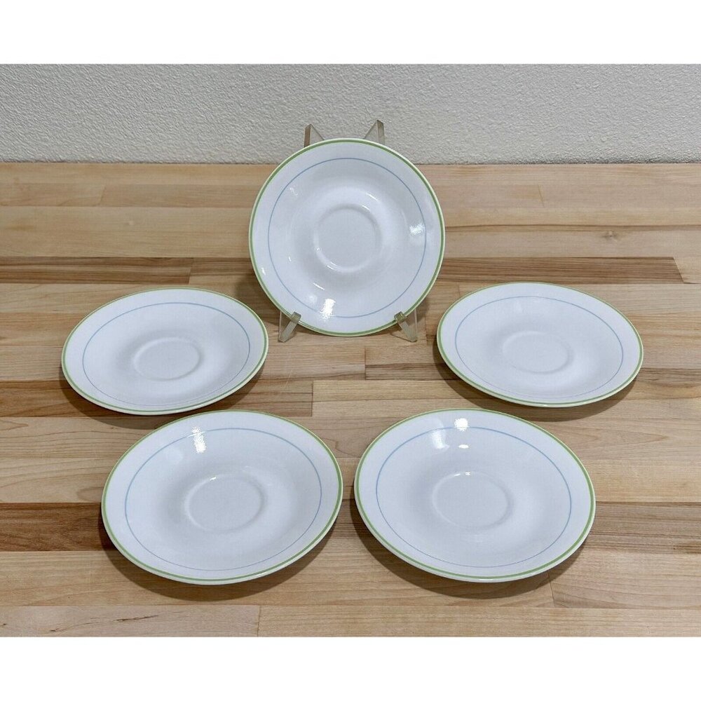 Vintage Corelle Set Of 5 PASTEL BOUQUET Saucers w Blue & Green Rings, 6 1/8” HTF